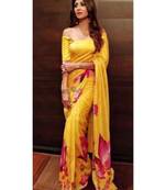 yellow Digital printed georgette partywear Bollywood saree with blouse