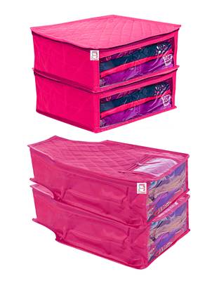 atorakushon   Fabric Saree Cover Garments Cover Bag Clothes Storage Wardrobe Organiser Set of 4 (Pink) 1