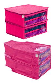 atorakushon   Fabric Saree Cover Garments Cover Bag Clothes Storage Wardrobe Organiser Set of 4 (Pink)