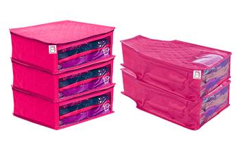 atorakushon   Fabric Saree Cover Garments Cover Bag Clothes Storage Wardrobe Organiser Set of 5 (Pink) 1