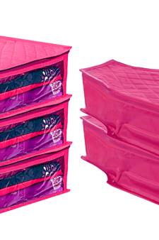 atorakushon   Fabric Saree Cover Garments Cover Bag Clothes Storage Wardrobe Organiser Set of 5 (Pink)