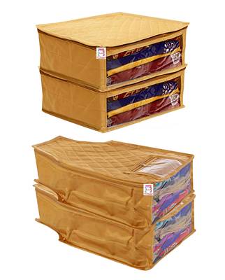 atorakushon   Fabric Saree Cover Garments Cover Bag Clothes Storage Wardrobe Organiser Set of 4 (Gold) 1