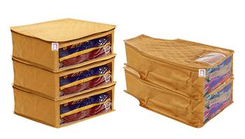 atorakushon   Fabric Saree Cover Garments Cover Bag Clothes Storage Wardrobe Organiser Set of 5 (Gold) 1