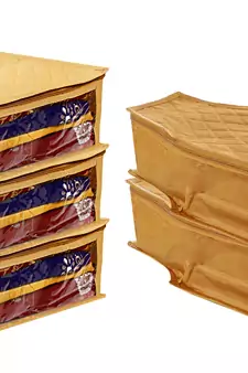 atorakushon   Fabric Saree Cover Garments Cover Bag Clothes Storage Wardrobe Organiser Set of 5 (Gold)