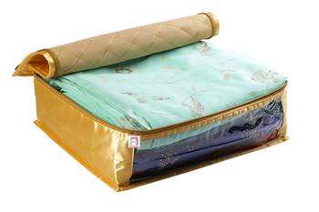 atorakushon   Fabric Saree Cover Garments Cover Bag Clothes Storage Wardrobe Organiser Set of 5 (Gold) 2