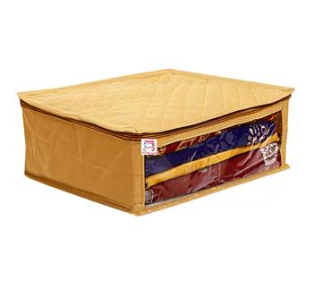 atorakushon   Fabric Saree Cover Garments Cover Bag Clothes Storage Wardrobe Organiser Set of 5 (Gold) 4