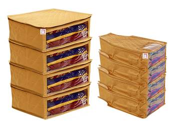 atorakushon   Fabric Saree Cover Garments Cover Bag Clothes Storage Wardrobe Organiser Set of 8 (Gold) 1