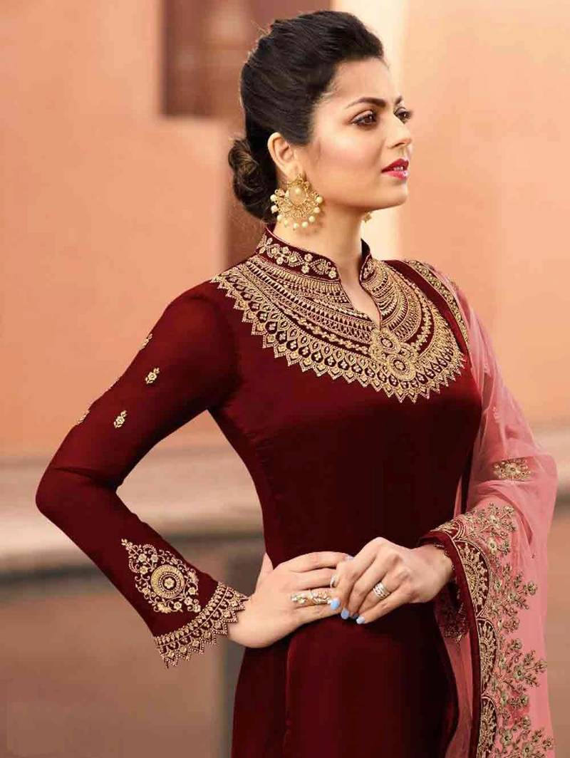 Wine Color Georgette Satin Party Suit 