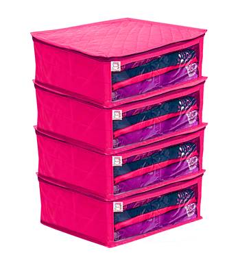 Atorakushon Satin Fabric 4 Piece Saree Cover Clothes Storage Bags Garments Wardrobe Organiser (Pink) 1