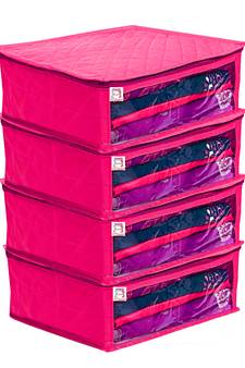 Atorakushon Satin Fabric 4 Piece Saree Cover Clothes Storage Bags Garments Wardrobe Organiser (Pink)