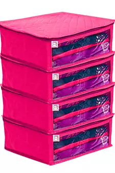 Atorakushon Satin Fabric 4 Piece Saree Cover Clothes Storage Bags Garments Wardrobe Organiser (Pink)
