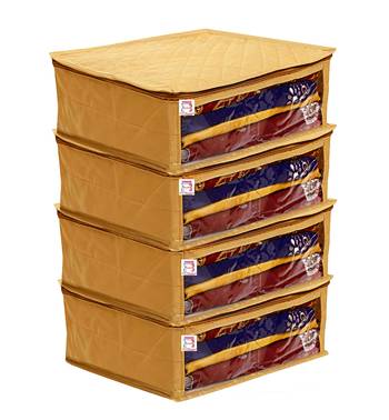 atorakushon   Fabric Saree Cover Garments Cover Bag Clothes Storage Wardrobe Organiser Pack of 4 (Gold) 1