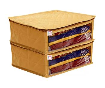 atorakushon   Fabric Saree Cover Garments Cover Bag Clothes Storage Wardrobe Organiser Pack of 2 (Gold) 1