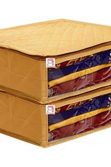 atorakushon   Fabric Saree Cover Garments Cover Bag Clothes Storage Wardrobe Organiser Pack of 2 (Gold)
