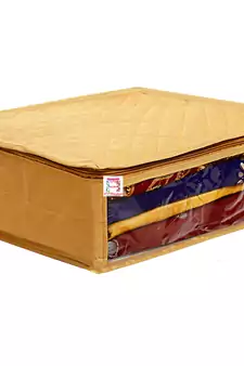 atorakushon   Fabric Saree Cover Garments Cover Bag Clothes Storage Wardrobe Organiser Set of 5 (Gold)