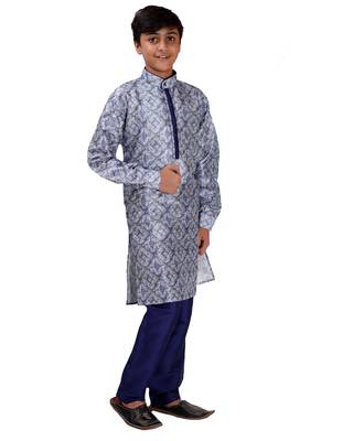 Blue printed cotton silk boys-kurta-pyjama 2