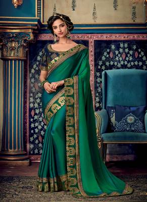 Teal embroidered fancy fabric saree with blouse 1