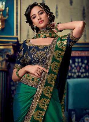 Teal embroidered fancy fabric saree with blouse 2