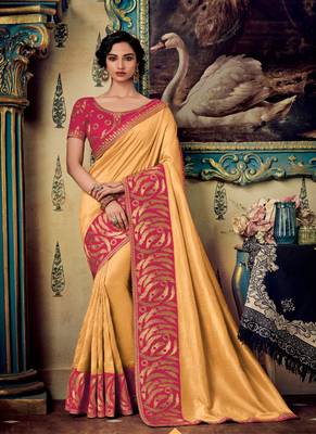 Cream embroidered fancy fabric saree with blouse 1