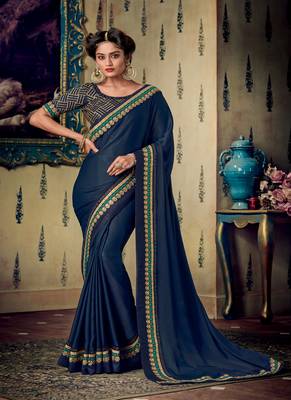 navy blue embroidered fancy fabric saree with blouse 1