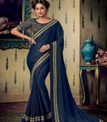 navy blue embroidered fancy fabric saree with blouse