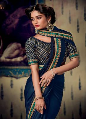 navy blue embroidered fancy fabric saree with blouse 2