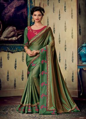Green embroidered fancy fabric saree with blouse 1