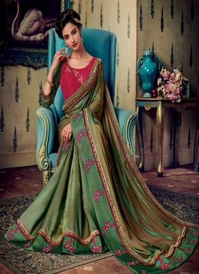 Green embroidered fancy fabric saree with blouse 2