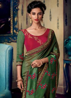 Green embroidered fancy fabric saree with blouse 3