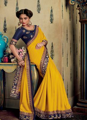 Yellow embroidered fancy fabric saree with blouse 2