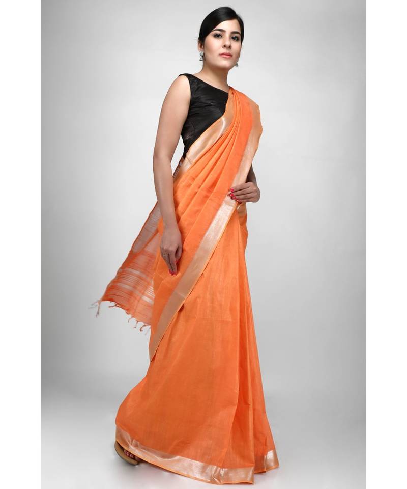 Orange Cotton Saree with Silver Zari and Blouse