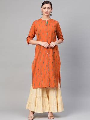 Women Orange A-Line Rayon Mirror Embroidery Mandarin Collar Long Kurta 1