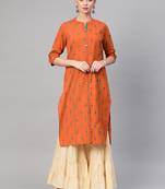 Women Orange A-Line Rayon Mirror Embroidery Mandarin Collar Long Kurta
