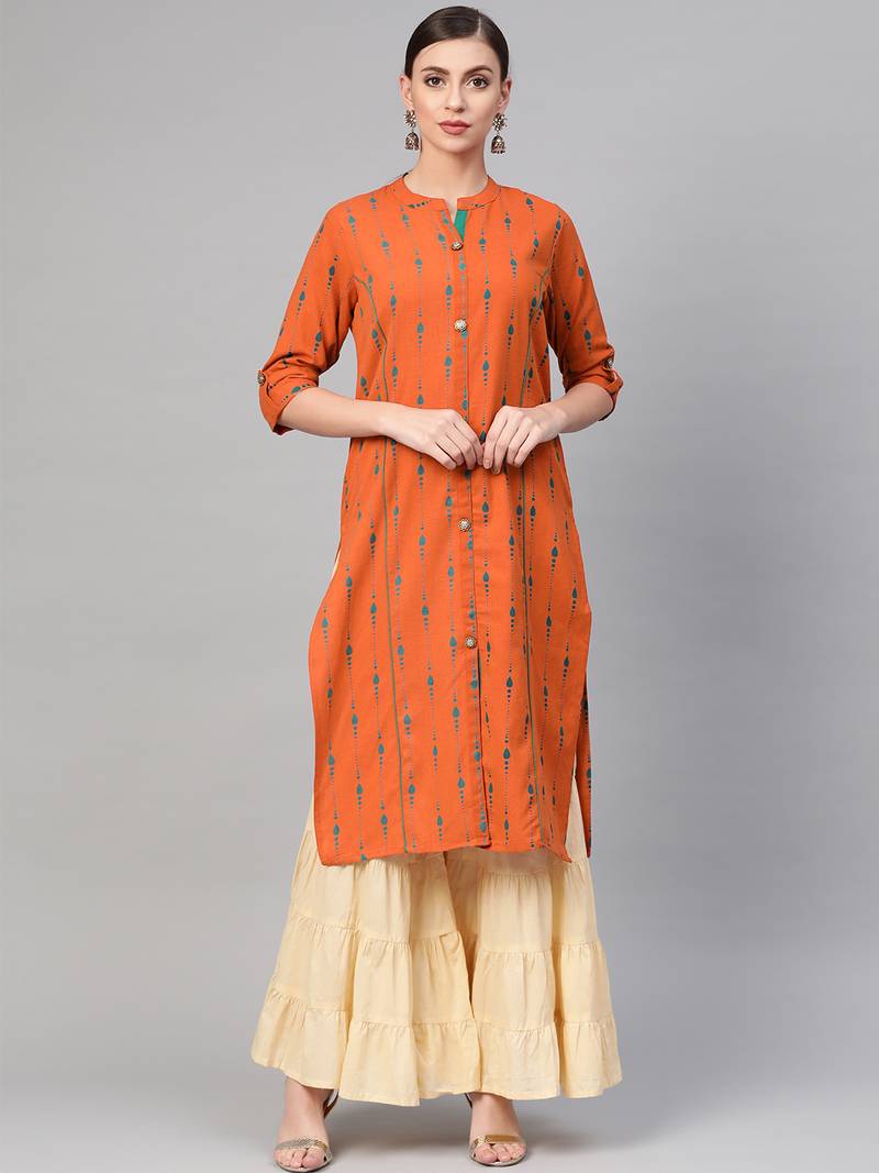 Women Orange A-Line Rayon Mirror Embroidery Mandarin Collar Long Kurta