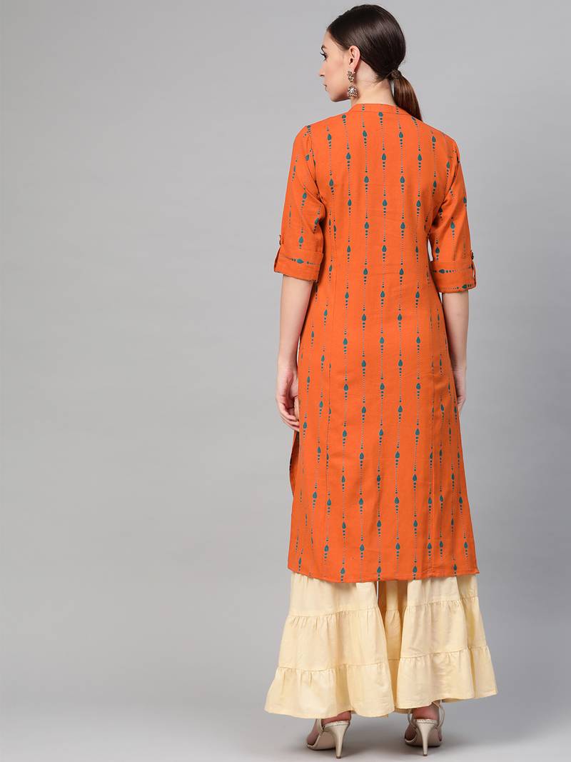 Women Orange A-Line Rayon Mirror Embroidery Mandarin Collar Long Kurta