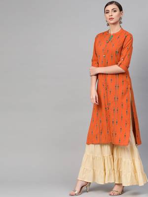 Women Orange A-Line Rayon Mirror Embroidery Mandarin Collar Long Kurta 3