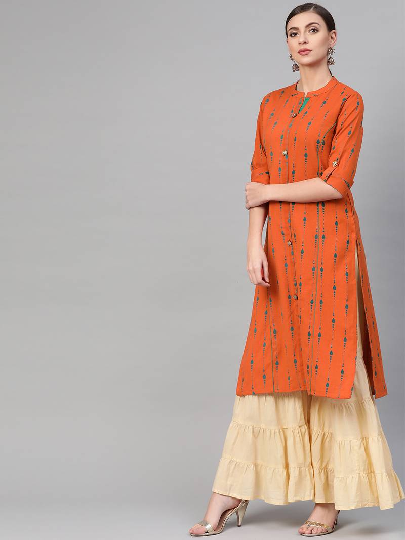 Women Orange A-Line Rayon Mirror Embroidery Mandarin Collar Long Kurta
