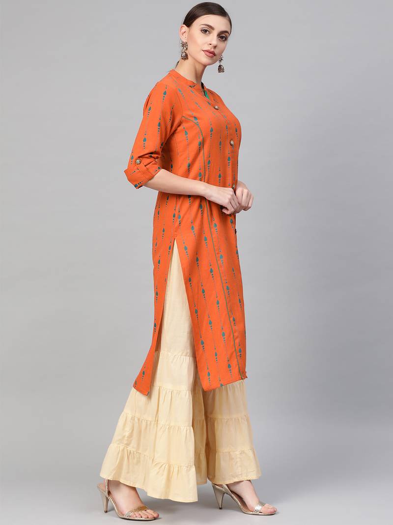 Women Orange A-Line Rayon Mirror Embroidery Mandarin Collar Long Kurta