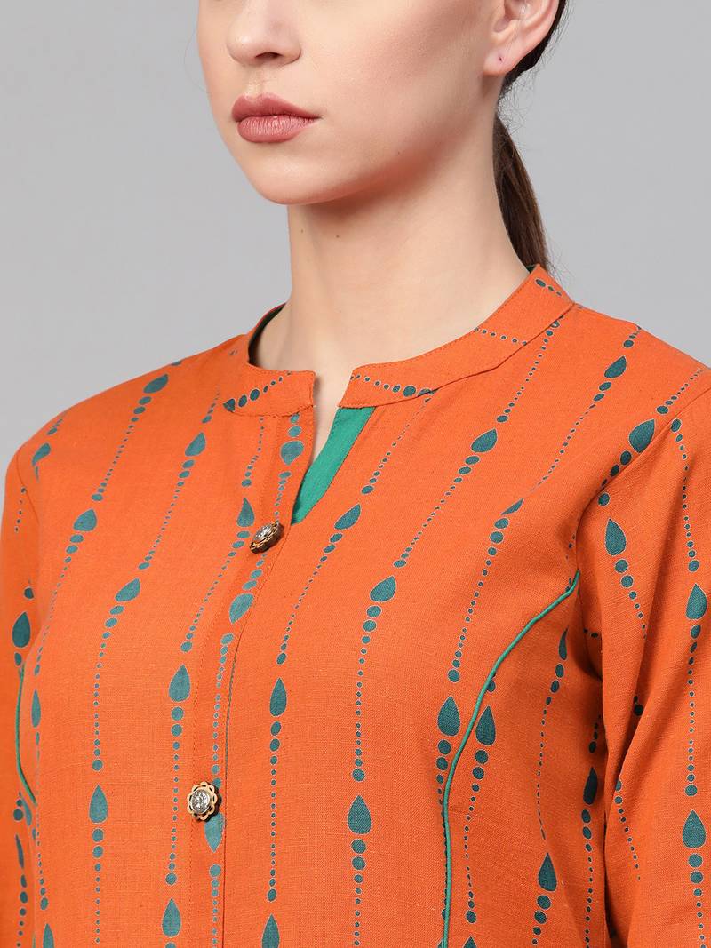 Women Orange A-Line Rayon Mirror Embroidery Mandarin Collar Long Kurta