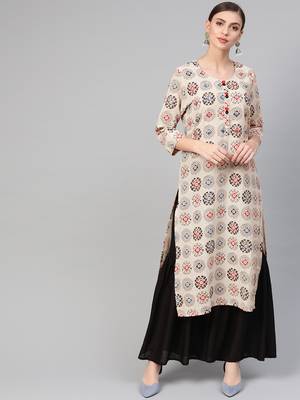 Women White A-Line Cotton Flex Printed Mandarin Collar Long Kurta 1