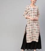 Women White A-Line Cotton Flex Printed Mandarin Collar Long Kurta
