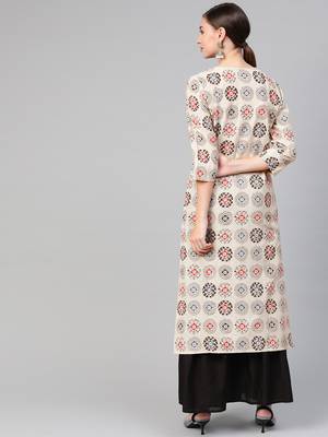 Women White A-Line Cotton Flex Printed Mandarin Collar Long Kurta 2