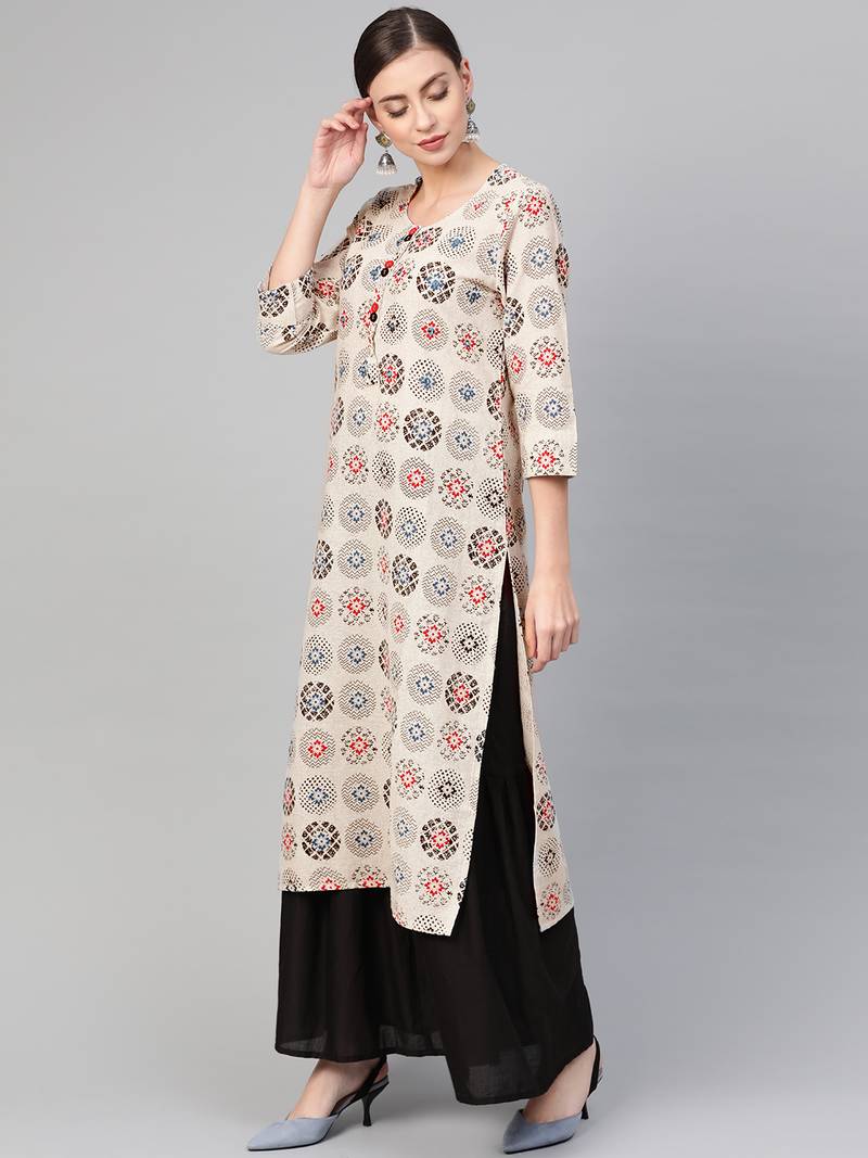 Women White A-Line Cotton Flex Printed Mandarin Collar Long Kurta