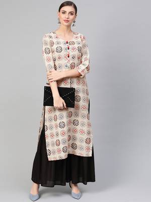 Women White A-Line Cotton Flex Printed Mandarin Collar Long Kurta 4