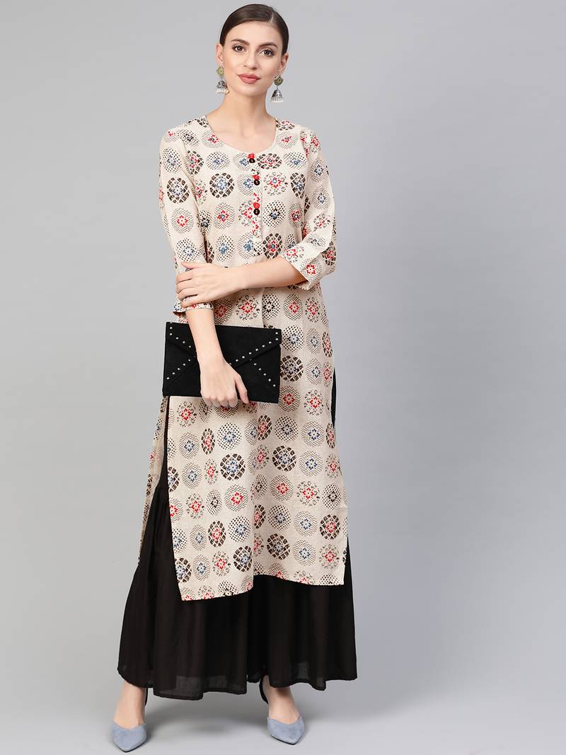 Women White A-Line Cotton Flex Printed Mandarin Collar Long Kurta