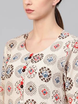 Women White A-Line Cotton Flex Printed Mandarin Collar Long Kurta 5