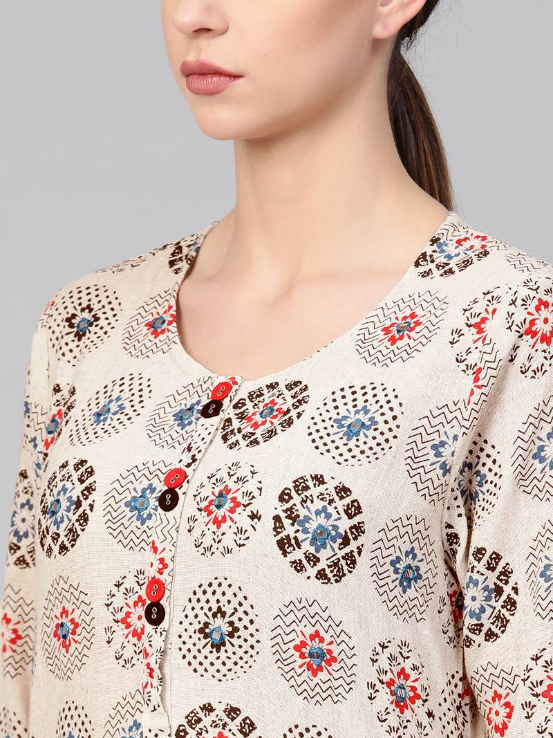 Women White A-Line Cotton Flex Printed Mandarin Collar Long Kurta