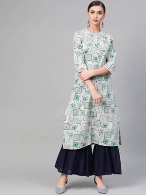 Women White A-Line Cotton Flex Printed Mandarin Collar Long Kurta 1