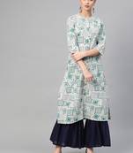 Women White A-Line Cotton Flex Printed Mandarin Collar Long Kurta