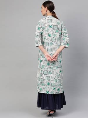 Women White A-Line Cotton Flex Printed Mandarin Collar Long Kurta 2